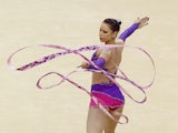 Francesca Jones of Great Britain in action in the Individual All-Around during the FIG Rhythmic Gymnastics Olympic Qualification at North Greenwich Arena on January 17, 2012