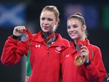 Silver Medalist Francesca Jones of Wales (L), and Bronze Medalist Laura Halford of Wales (R) pose with their medals after the rhythmic gymnastics individual all-around final at the Glasgow Commonwealth Games on July 25, 2014