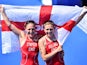 Jodie Stimpson and Vicky Holland celebrate winning gold and bronze for England in the women's triathlon on July 24, 2014