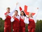 Men's Double Trap medalists Matthew French and Steven Scott pose with Women's Double Trap medalists Charlotte Kerwood and Rachel Parish at Barry Buddon Shooting Centre during day four of the Glasgow 2014 Commonwealth Games on July 27, 2014