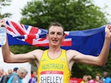 Australia's Michael Shelley celebrates winning the men's marathon on July 27, 2014