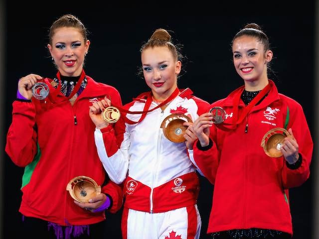 Medallists Patricia Bezzoubenko (Canada), Francesca Jones (Wales) and Laura Halford (Wales) after the individual ball final on July 26, 2014