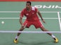 Rajiv Ouseph of England plays a return to Jan O Jorgensen of Denmark during their Thomas Cup badminton match at Siri Fort Stadium in New Delhi on May 20, 2014