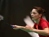 Sarah Walker of England in action in her womens singles match against Sayaka Sato of Japan during Day 3 of the London Badminton Grand Prix at The Copper Box on October 3, 2013