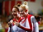 Sophie Thornhill of England and her guide Helen Scott celebrate with their gold medals during the medal ceremony for the Women's Sprint B2 Tandem Finals at Sir Chris Hoy Velodrome during day one of the Glasgow 2014 Commonwealth Games on July 24, 2014