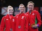  Silver medalists Nikara Jenkins, Laura Halford and Francesca Jones of Wales pose on the podium after coming second in the rhythmic gymnastics team event at the Glasgow Commonwealth Games on July 24, 2014