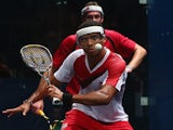 Adrian Grant of England plays a shot during the quarterfinals doubles match against Peter Creed and David Evans of Wales at Scotstoun Sports Campus during day nine of the Glasgow 2014 Commonwealth Games on August 1, 2014