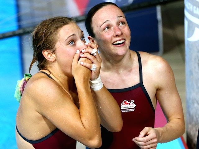 England's Alicia Blagg and Rebecca Gallantree look stunned after it was confirmed that they had won gold in the Commonwealth Games women's synchronised 3m final at Edinburgh's Royal Commonwealth Pool on July 30, 2014