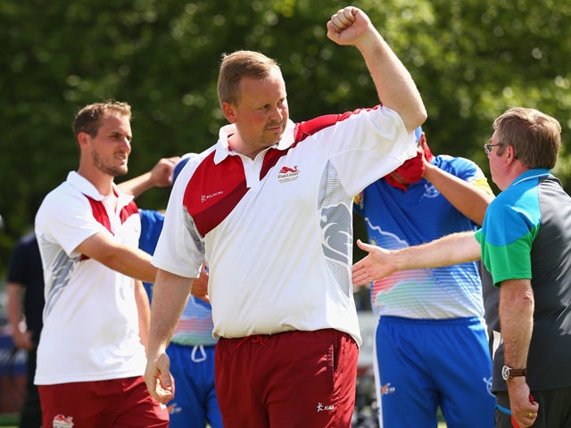 Andrew Knapper and Sam Tolchard of England celebrate victory after the Men's Pairs Bronze Final at Kelvingrove Lawn Bowls Centre during day five of the Glasgow 2014 Commonwealth Games on July 28, 2014