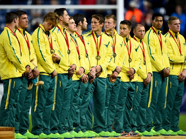 Australia players receive their medals after winning the bronze medal match in the rugby sevens at Ibrox Stadium during day four of the Glasgow 2014 Commonwealth Games on July 27, 2014