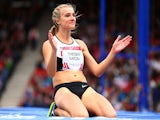 Brianne Theisen-Eaton of Canada reacts after a jump in the Women's Heptathlon high jump at Hampden Park during day six of the Glasgow 2014 Commonwealth Games on July 29, 2014