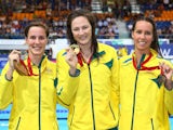 Gold medallist Cate Campbell (C) of Australia poses with silver medallist Bronte Campbell (L) of Australia and bronze medallist Emma McKeon on July 28, 2014