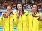 Gold medallist Cate Campbell (C) of Australia poses with silver medallist Bronte Campbell (L) of Australia and bronze medallist Emma McKeon on July 28, 2014