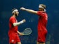 Daryl Selby and James Willstrop of England celebrate victory in the Men's Doubles Bronze Medal Match against Alan Clyne and Harry Leitch of Scotland at Scotstoun Sports Campus during day eleven of the Glasgow 2014 Commonwealth Games on August 3, 2014