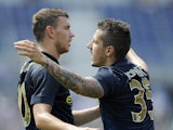 Edin Dzeko #10 and Stevan Jovetic #35 of Manchester City celebrate a goal by Jovetic during the first half of the International Champions Cup match against the Olympiacos on August 2, 2014