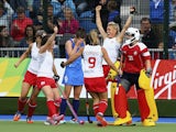Players of England celebrates the firts goal during the Women's preliminaries match between Scotland and England at Glasgow National Hockey Centre during day seven of the Glasgow 2014 Commonwealth Games on July 30, 2014