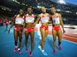Asha Philip, Bianca Williams, Jodie Williams, Ashleigh Nelson of England celebrate winning bronze in the Women's 4 x 100m Relay Final at Hampden Park during day ten of the Glasgow 2014 Commonwealth Games on August 2, 2014