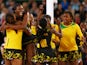 The Jamaica team celebrate victory during the Netball Bronze Medal Match between England and Jamaica at SECC Precinct during day eleven of the Glasgow 2014 Commonwealth Games on August 3, 2014