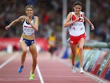 England's Kate Avery and Scotland's Beth Potter sprint towards the finish line of the women's 1500m on July 29, 2014