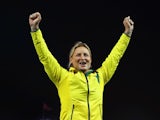 Gold medallist Kim Mickle of Australia on the podium during the medal ceremony for the Womens Javelin Throw at Hampden Park during day seven of the Glasgow 2014 Commonwealth Games on July 30, 2014