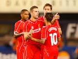 Jordan Henderson #14 of Liverpool celebrates scoring a goal in the 59th minute against Manchester City during the International Champions Cup 2014 at Yankee Stadium on July 30, 2014