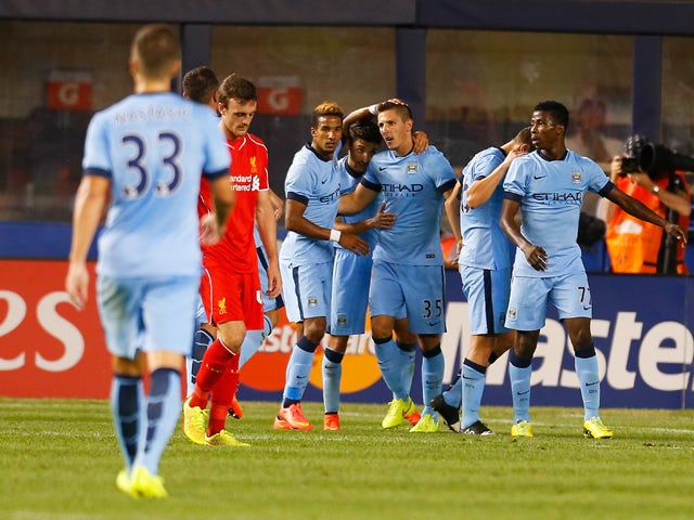 Stevan Jovetic #35 of Manchester City celebrates scoring a goal in the 67th minute against Liverpool during the International Champions Cup 2014 at Yankee Stadium on July 30, 2014
