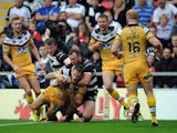 Daryl Clark scores a try for Castleford Tigers during the Challenge Cup semi on August 10, 2014