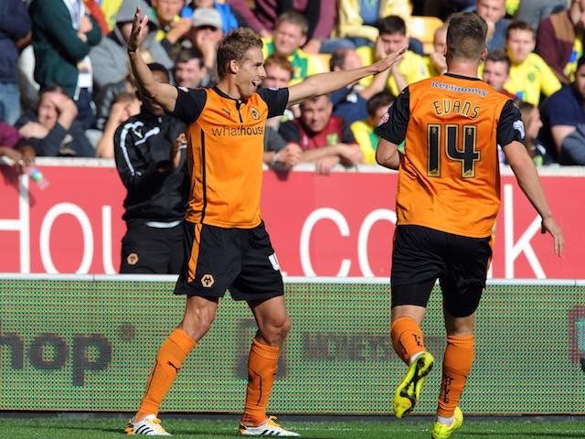 David Edwards celebrates scoring Wolves's winning goal over Norwich on August 10, 2014
