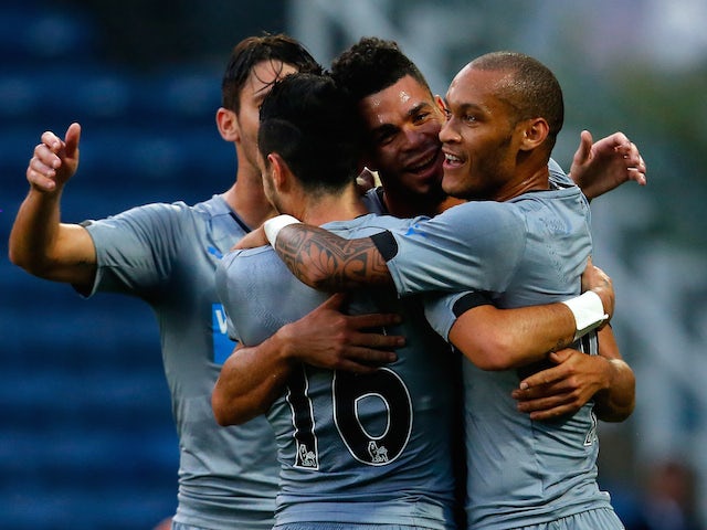 Emmanuel Riviere (C) of Newcastle celebrates his goal with team mates during the Pre Season Friendly match against Huddersfield Town on August 5, 2014