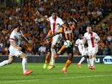 Sone Aluka of Hull City scores the second goal during the UEFA Europa League third qualifying round: second leg match between Hull City and AS Trencin on August 7, 2014