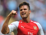 Olivier Giroud celebrates Arsenal's win over Man City in the Community Shield on August 10, 2014