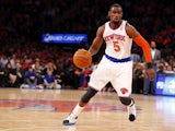 Tim Hardaway Jr. #5 of the New York Knicks in action against the Toronto Raptors in the second half during an NBA basketball game at Madison Square Garden on April. 16, 2014