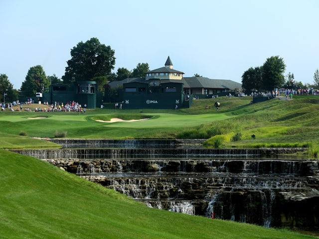 A general view of the 18th hole is seen during a practice round prior to the start of the 96th PGA Championship at Valhalla Golf Club on August 6, 2014