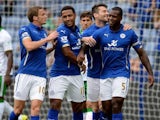 Wes Morgan celebrates scoring the opener for Leicester in their friendly with Werder Bremen on August 9, 2014