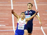 Adam Gemili of Great Britain and Northern Ireland celebrates winning gold ahead of silver medalist Christophe Lemaitre of France in the Men's 200 metres final during day four of the 22nd European Athletics Championships at Stadium Letzigrund on August 15,