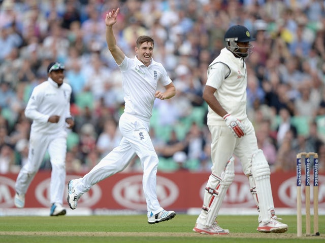 Chris Woakes of England celebrates dismissing R Ashwin of India during day one of 5th Investec Test match between England and India at The Kia Oval on August 15, 2014