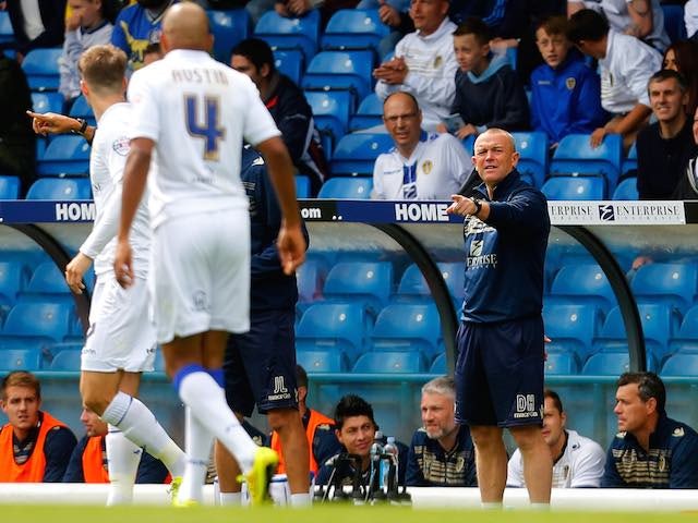 Leeds boss David Hockaday gestures to players during their match with Middlesbrough on August 16, 2014