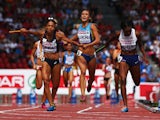 Floria Guei of France, Olha Zemlyak of Ukraine and Margaret Adeoye of Great Britain and Northern Ireland cross the finish line during the Women's 4 x 400m Relay Final during day six of the 22nd European Athletics Championships at Stadium Letzigrund on Aug