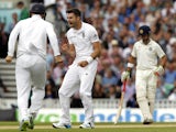 Englands James Anderson celebrates taking the wicket of Indias Murali Vijay for 2 runs on the third day of the fifth cricket Test match between England and India at The Oval cricket ground in London on August 17, 2014