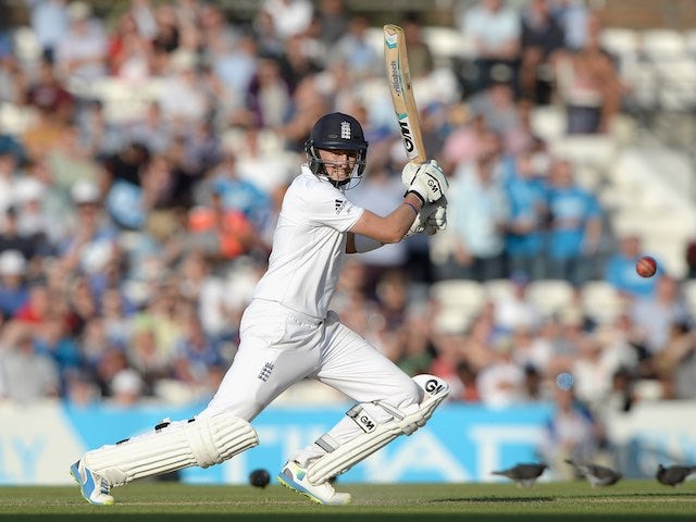 Joe Root batting on day two of England's fifth Test with India on August 16, 2014