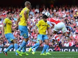 Laurent Koscielny scores the equaliser for Arsenal against Crystal Palace on August 16, 2014