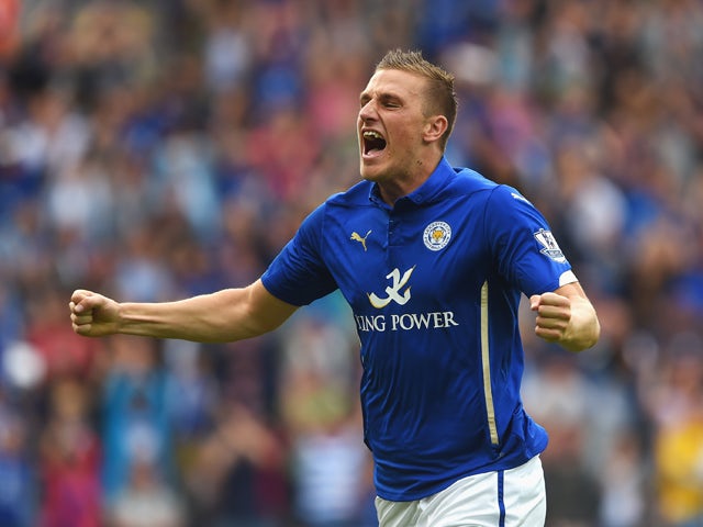 Chris Wood of Leicester City celebrates his goal during the Barclays Premier League match between Leicester City and Everton at the King Power Stadium on August 16, 2014