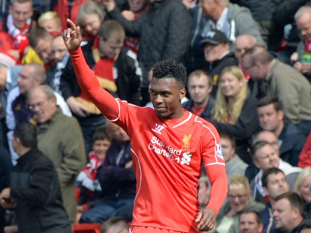 Liverpool's English striker Daniel Sturridge celebrates scoring his team's second goal during the English Premier League football match between Liverpool and Southampton at Anfield stadium in Liverpool, northwest England, on August 17, 2014