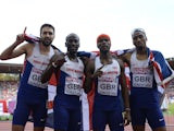 Martyn Rooney, Michael Bingham, Conrad Williams and Matthew Hudson-Smith celebrate after winning the Men's 4x400m final during the European Athletics Championships at the Letzigrund stadium in Zurich on August 17, 2014