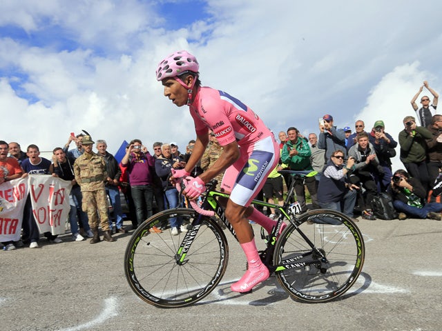Colombian Nairo Quintana competes during the uphill time trial in the 19th stage of the 97th Giro d'Italia, Tour of Italy, cycling race from Bassano del Grappa to Cima Grappa on May 30, 2014