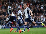 West Bromwich Albion player Saido Berahino celebrates his penalty conversion during the Barclays Premier League match between West Bromwich Albion and Sunderland at The Hawthorns on August 16, 2014