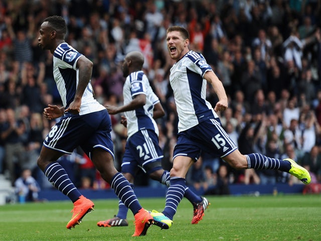 West Bromwich Albion player Saido Berahino celebrates his penalty conversion during the Barclays Premier League match between West Bromwich Albion and Sunderland at The Hawthorns on August 16, 2014