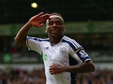 Saido Berahino of West Brom celebrates scoring his second goal during the Barclays Premier League match between West Bromwich Albion and Sunderland at The Hawthorns on August 16, 2014