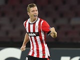 Iker Muniain of Athletic Bilbao celebrates after scoring the opening goal during the first leg of UEFA Champions League qualifying play-offs round match between SSC Napoli and Athletic Club on August 19, 2014