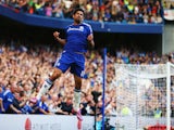 Diego Costa of Chelsea celebrates as he scores their first goal during the Barclays Premier League match between Chelsea and Leicester City at Stamford Bridge on August 23, 2014